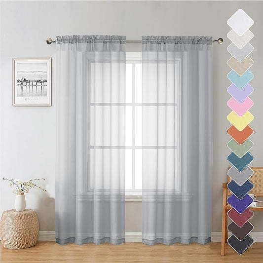 Lecloud Living Room Light Grey Sheer Curtains 72 Inch Long 2 Panels, Lightweight Solid Voile Silver Gray Curtain for Bedroom, Soft Gauzy Farmhouse Bedroom Drapes with Dual Rod Pockets, 40W x 72L