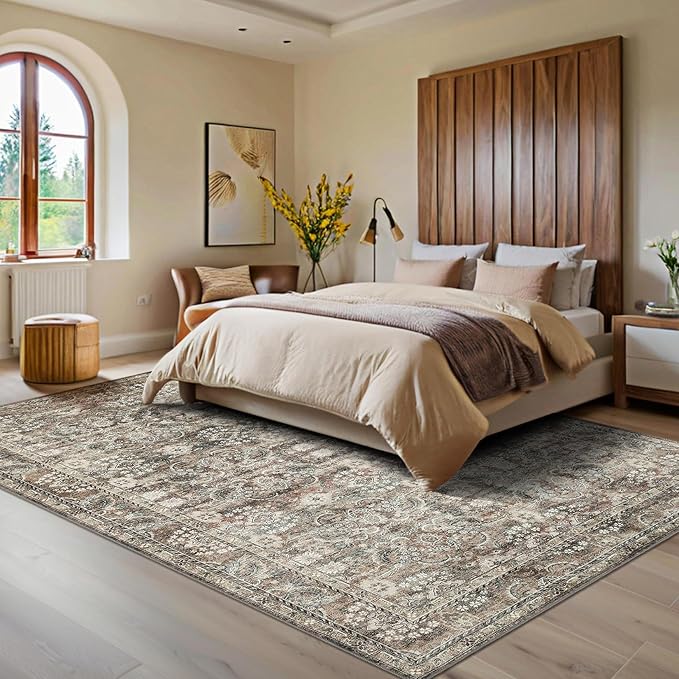 GarveeHome Washable Rugs 5x7 Vintage Floral Area Rugs for Living Room Bedroom, Ultra Soft Retro Accent Carpet, Non Slip Low Pile Floor Mats for Dining Room, Home Office Decor, Camel