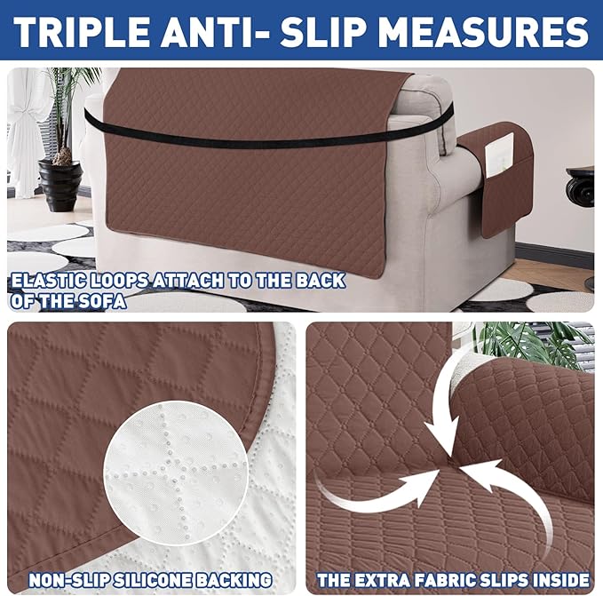 XINEAGE Quilted Chair Sofa Cover Waterproof Chair Covers for Armchair, Super Soft Washable Slipcover with Pockets & Non-Slip Elastic Straps, Thick Furniture Protector (Coffee)