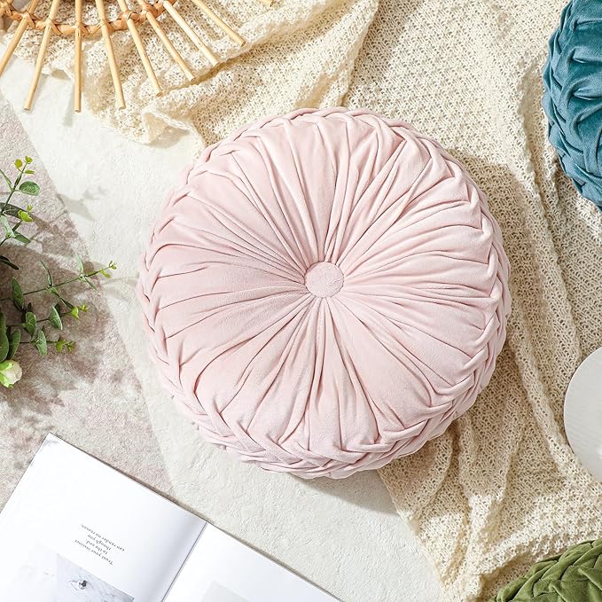 Drydiet 1 Pcs Round Throw Velvet Pillows Decorative Pleated Throw Pillows 15'' Diameter Accent Pumpkin Boho Chair Cushion for Couch Sofa Home Decoration (Pink)