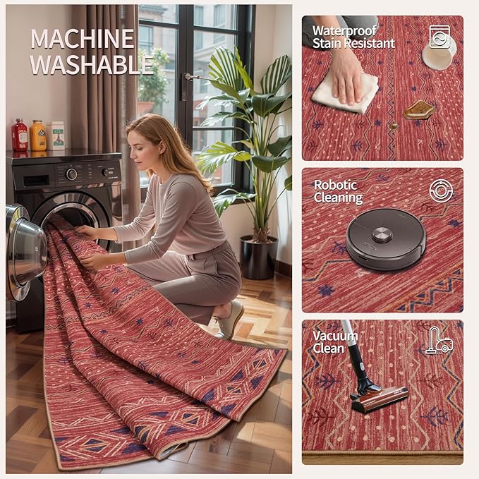 SERISSA 2x4 Rugs for Entryway, Washable Non-Slip Kitchen Runner Rug Small Red Ochre Rug, Soft Low-Pile Boho Geometric Door Mat Indoor Entrance Front Door Carpet for Bedroom Bathroom