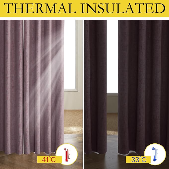 NICETOWN Chaise Mauve Vintage Linen 100% Blackout Curtains for Playroom, Thermal Insulated Curtains 72" Long, Noise Reducing Window Treatment Drapes for Laundry Room, 62" Wide Per Panel, Set of 2
