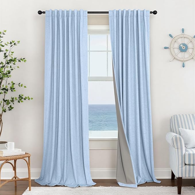 Total Blackout Baby Blue Linen Curtains 108 Inches Long 2 Panel Set Light Blue Pale Sky Colored Floor to Ceiling Thermal Spring Summer Curtain for Living Room Bedroom Patio Sliding Door Drape Back Tab