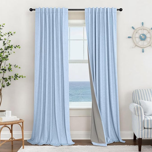 Total Blackout Baby Blue Linen Curtains 108 Inches Long 2 Panel Set Light Blue Pale Sky Colored Floor to Ceiling Thermal Spring Summer Curtain for Living Room Bedroom Patio Sliding Door Drape Back Tab