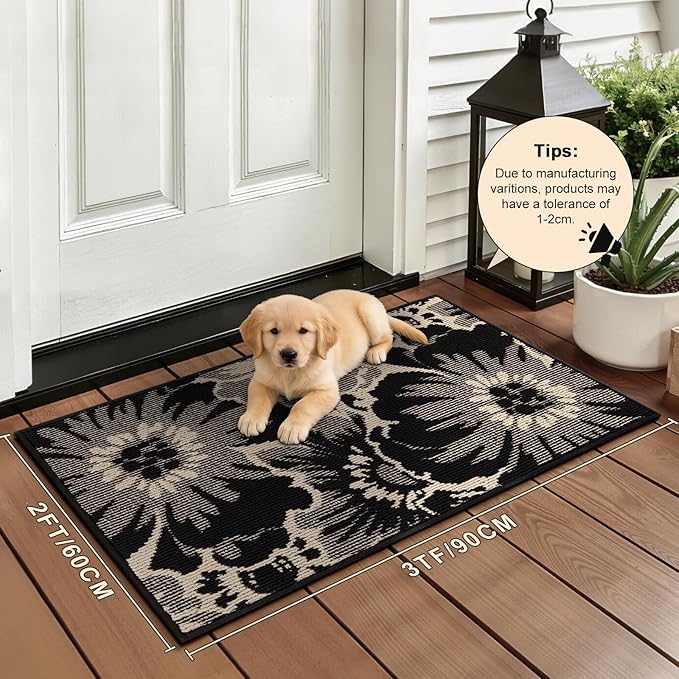 Findosom Washable Runner Rug 2x3, Non Slip High-Low Textured Floral Small Entryway Rug with Rubber Backing, Boho Carpet Runner for Indoor Door Mat, Kitchen, Bedroom, Laundry, Black & Beige