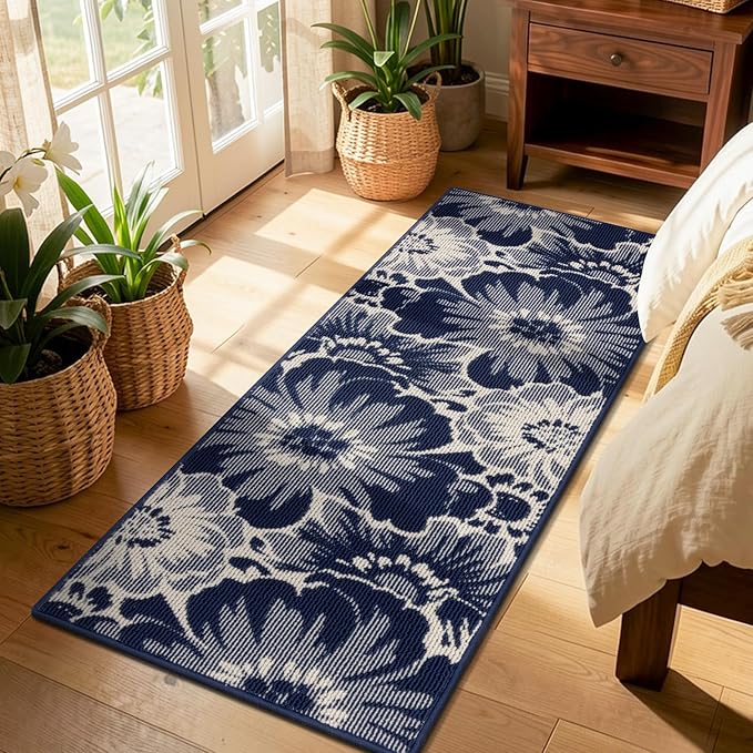 Findosom Hallway Runner Rug 2x8, Non Slip High-Low Textured Floral Washable Runner Rug with Rubber Backing, Boho Carpet Runner for Kitchen, Entryway, Bedroom, Laundry, Navy
