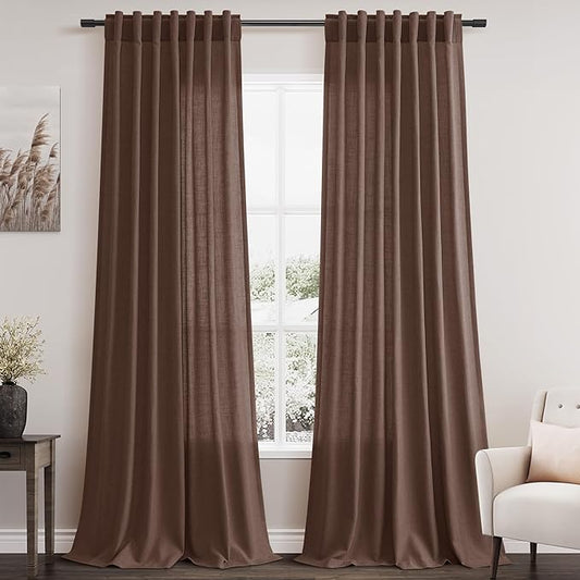 Nanspring Mocha Mousse Curtains 108 Inches Long 2 Panels Set Back Tab Loop Pocket Linen Blend Light Filtering Semi Sheer Boho Large Window Decor for High Ceiling Living Room 52x108