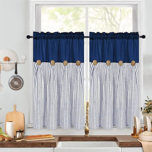 ASPMIZ Cotton Linen Farmhouse Kitchen Curtains, Blue Striped Tier Curtain 36 Inch Lenth, Boho Rustic Button Short Curtains for Small Window, Rod Pocket Half Window Curtain for Kitchen Cafe, 2 Panels