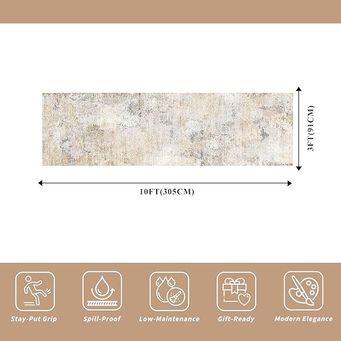3x10 ft Long Hallway Runner Rug – Non-Slip Washable Kitchen Floor Rug with Rubber Backing, Modern Low Pile Thin Wide Carpet Runners for Bedroom, Entryway Indoor (Gold Grey,3x10)