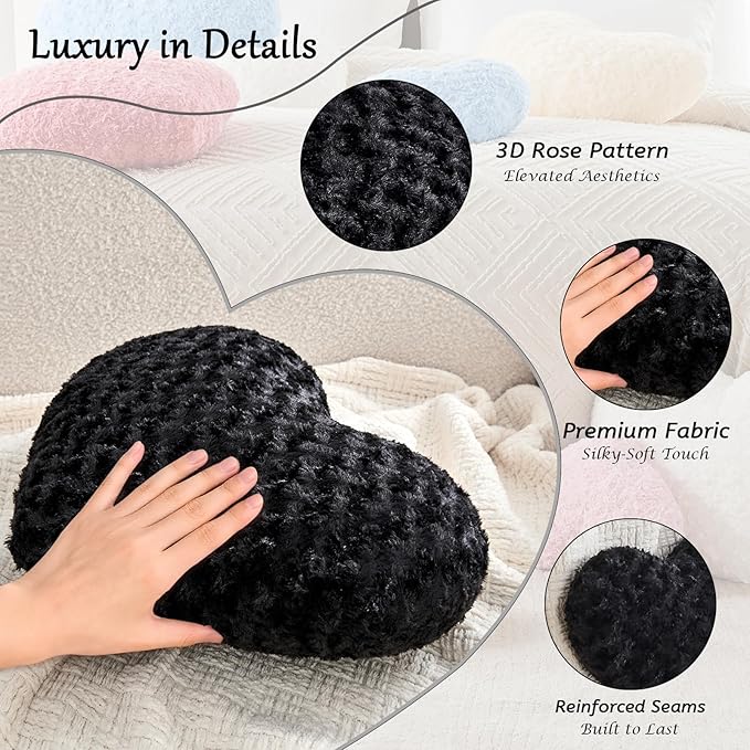 Heart Pillow Black Throw Pillows, Soft Fluffy Decorative Pillows for Bed Couch Chair, Cute Heart Shaped Room Decor Gifts for Valentine Anniversary Birthday Mothers Christmas (Small, 13"x10")