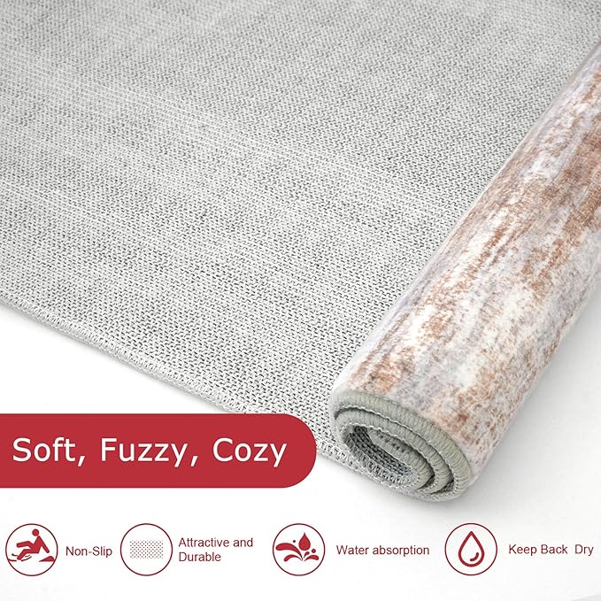 KOZYFLY Modern Abstract Small Area Rugs 2x3, Washable Kitchen Rug Non-Slip Soft Small Bathroom Rug, Grey Brown Striped Entryway Rugs Print Faux Wool Doormat for Bedside Entrance Bedroom Sink