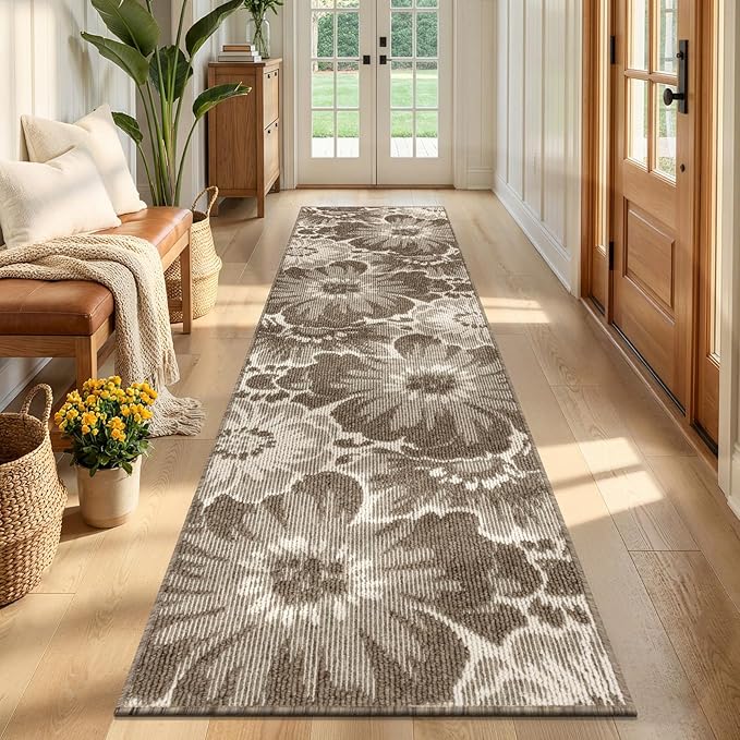 Findosom Hallway Runner Rug 2x8, Non Slip High-Low Textured Floral Washable Runner Rug with Rubber Backing, Boho Carpet Runner for Kitchen, Entryway, Bedroom, Laundry, Brown