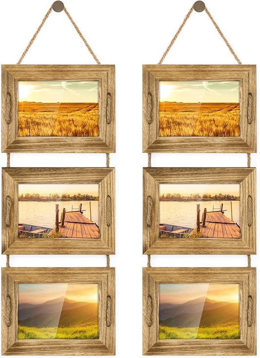 DLQuarts 5x7 Hanging Picture Frames Collage Wall Decor, 3-Frame Set, 3.5x5 with Mat or 5x7 Without Mat, Rustic Solid Wood Photo Frame Pack of 2 Carbonized Black
