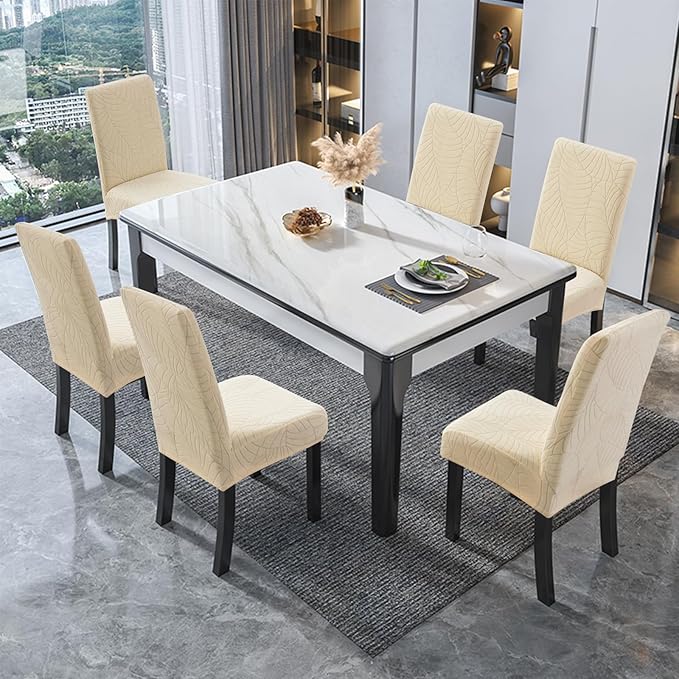 Genina 100% Waterproof Chair Covers for Dining Room Set of 6, Large Dining Room Chair Covers Protectors Stretch Kitchen Parson Chair Slipcovers for Home, Restaurant (Large, Leaves-Beige)