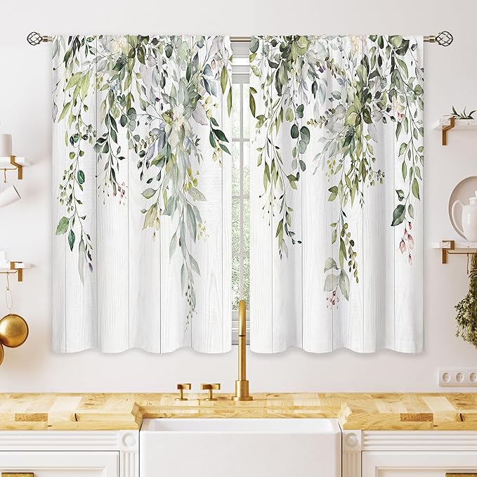 Rustic Wooden Eucalyptus Botanical Leaves Floral Kitchen Window Curtains Farmhouse Flower Leaf Small Treatment Sage Green Cafe Short Curtains for Bathroom Treatment Tier Drapes 26x45 inch