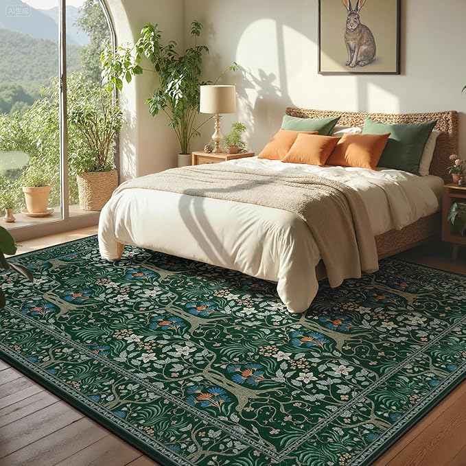 Joydeco Dark Green Area Rugs 8x10, Washable Boho Floral Rug for Bedroom Non Slip, Soft Large Low-Pile Botanical Forest Indoor Floor Throw Carpet for Nursery Dining Living Room Office