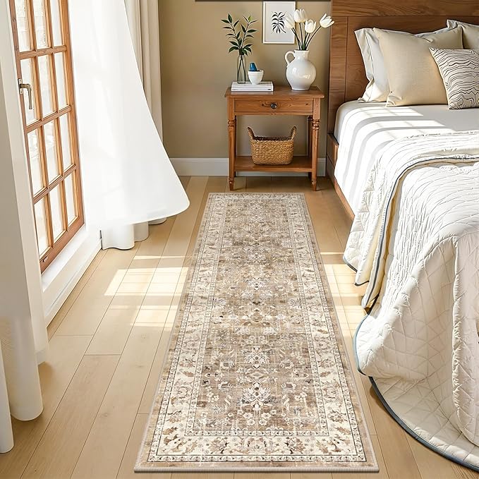 LOKHOM Washable Runner Rugs, 2x7 Non-Slip Hallway Runner Rug with Rubber Backing, Boho Floral Soft Faux Wool Kitchen Rug Carpet Runner for Laundry Entryway Bedroom (Beige Brown)