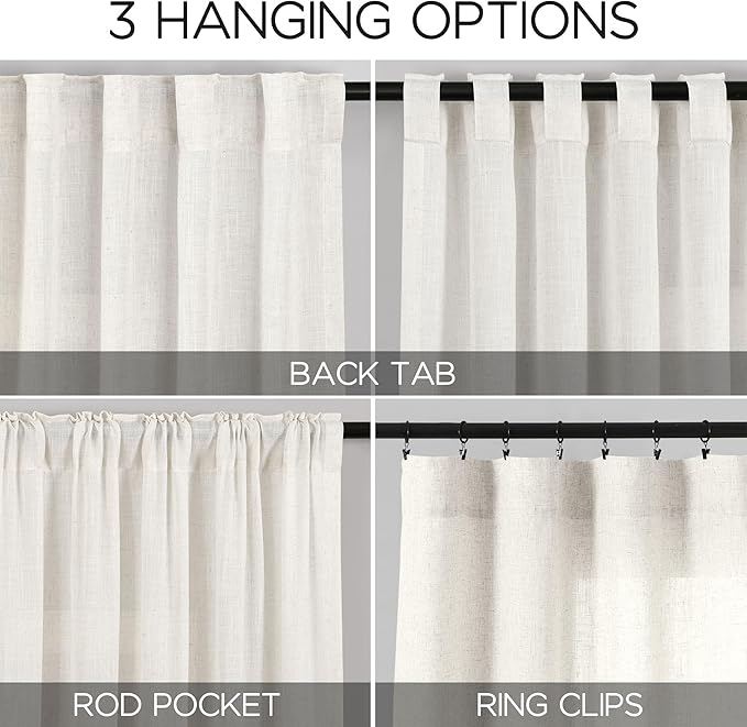 Nanspring Beige White Linen Curtains for Living Room 78 Inches Long Back Tab and Rod Pocket Light Filtering Semi Sheer Curtain Rustic Farmhouse Decor Luxury Drapes for Bedroom Office 52x78, 2 Panels