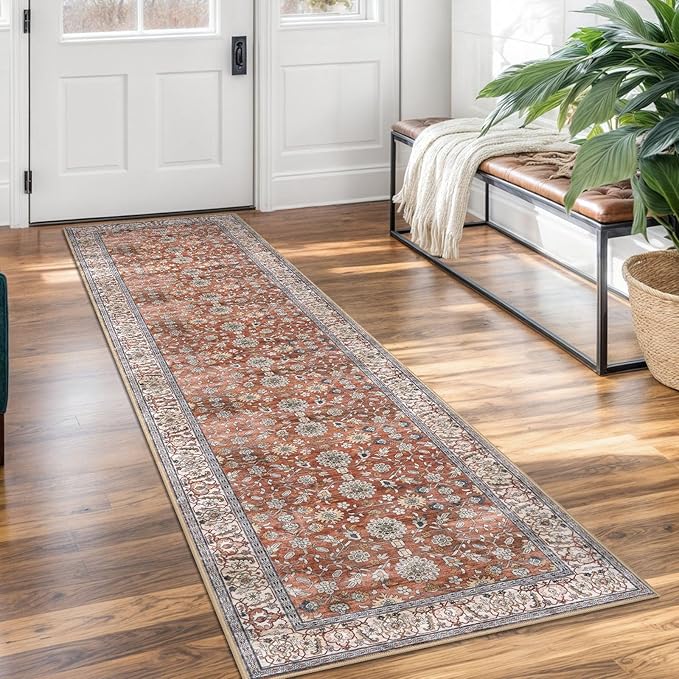 KUTA Vintage Washable Runner Rug, 2x7 Red Clay Runners for Hallways Non-Slip Kitchen Rugs Ultra Thin Soft Printed Distressed Oriental Floral Floor Carpet for Laundry Bedroom Living Room Nursery