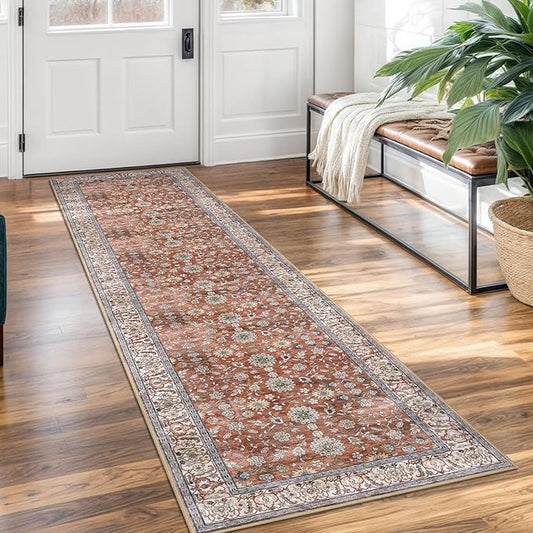 KUTA Vintage Washable Runner Rug, 2x7 Red Clay Runners for Hallways Non-Slip Kitchen Rugs Ultra Thin Soft Printed Distressed Oriental Floral Floor Carpet for Laundry Bedroom Living Room Nursery