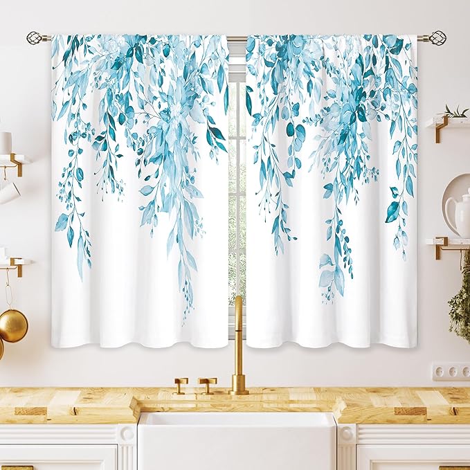 Blue Eucalyptus Botanical Leaves Floral Kitchen Window Curtains Over Sink Farmhouse Flower Spring Small Window Treatment Cafe Short Curtains for Bathroom Treatment Tier Drapes 26x36 inch