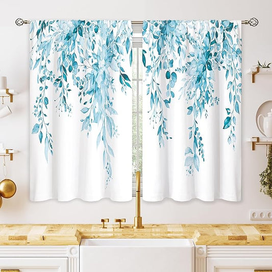 Blue Eucalyptus Botanical Leaves Floral Kitchen Window Curtains Over Sink Farmhouse Flower Spring Small Window Treatment Cafe Short Curtains for Bathroom Treatment Tier Drapes 26x36 inch
