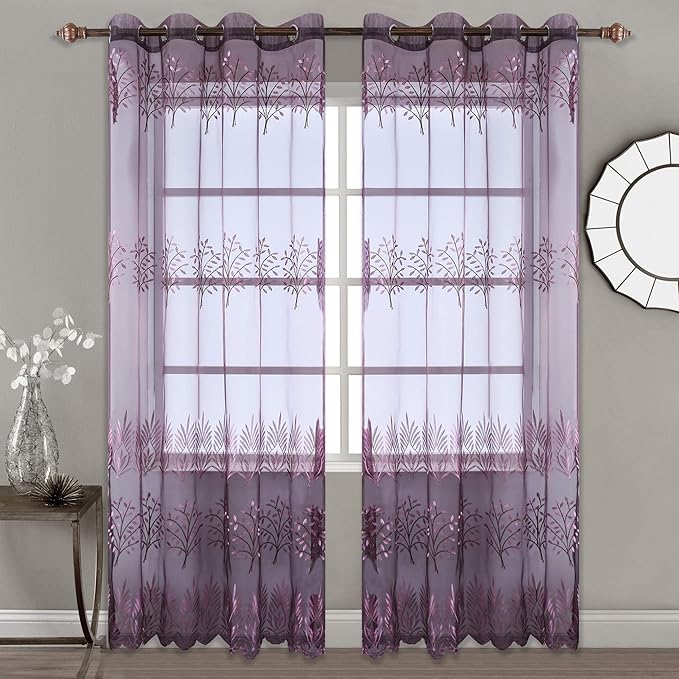 DONREN Tree Branch Printed Embroidery Sheer Curtains for Bedroom - Luxury Plum Purple Embroidery Sheer Curtain Panels for Living Room (W 52 x L 84 Inch,2 Panels)
