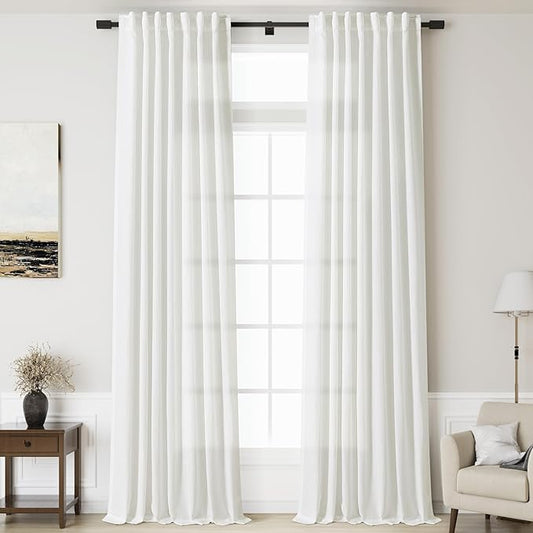 Linen Off White Curtains 145 inch Extra Long for Living Room Back Tab Light Filtering Sheer Drapes Modern Farmhouse Coastal Decor Cotton Textured Curtain for Floor to Ceiling High Window 52x145