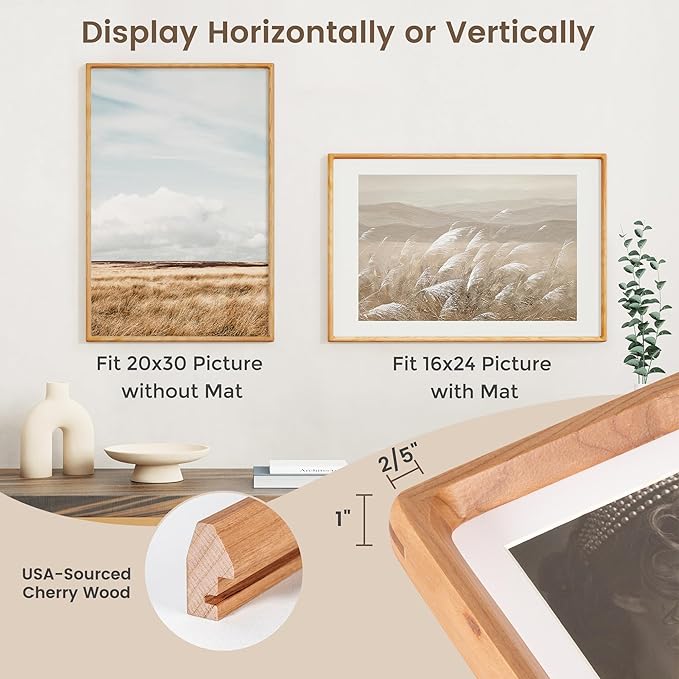 20x30 Poster Frame, USA-Sourced Cherry Wood Picture Frame with HD Tempered Glass, Handcrafted Rounded Corner 20 x 30 Wooden Frames Matted to 16x24 Photos, Horizontal or Vertical Wall Display