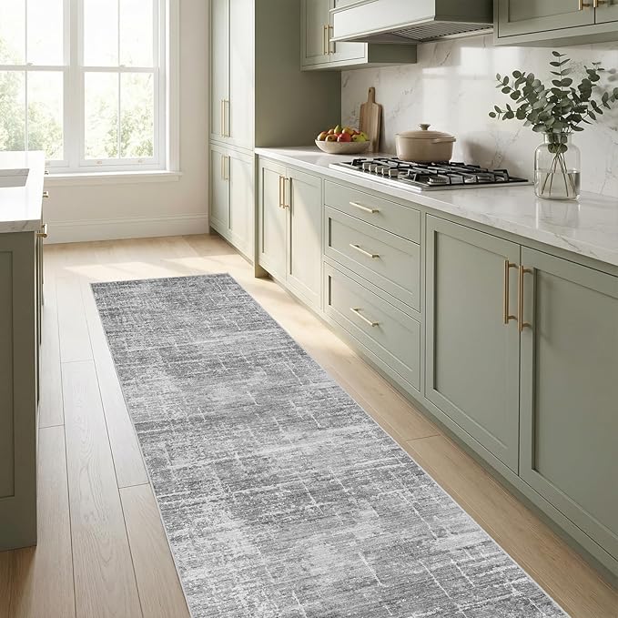 2x8 Washable Kitchen Runner Rug - Modern Abstract Neutral Carpet with Non-Slip Backing Low-Pile Stain-Resistant Thin Runners for Hallway Bathroom Bedroom Entryway (2x8, Gray)