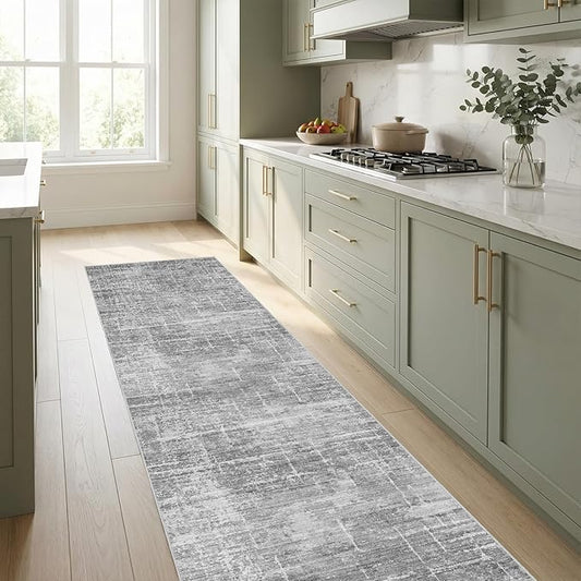 2x8 Washable Kitchen Runner Rug - Modern Abstract Neutral Carpet with Non-Slip Backing Low-Pile Stain-Resistant Thin Runners for Hallway Bathroom Bedroom Entryway (2x8, Gray)