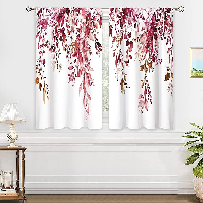 Burgundy Eucalyptus Small Kitchen Curtains Watercolor Red Leaves Window Treatment Flower Floral Plant Botanical Cafe Short Curtains for Bathroom Dining Fall Tier Treatment Drapes 26x36 inch