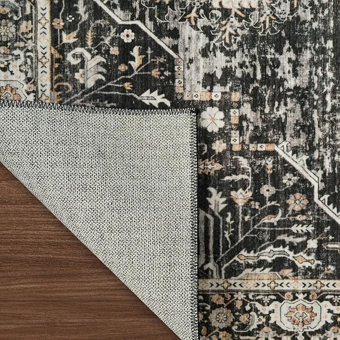 RUUGME Washable 6x8 Oriental Area Rug - Soft Stain Resistant Rugs for Living Room Bedroom Non Slip Low Pile Carpets for Dining Room Non-Shedding Home Decor Mat for Bathroom Study Room 6x8 Black