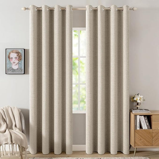 MIULEE Linen Curtains for Bedroom 100% Blackout Thermal Insulated Stone Grommet Room Darkening Curtains & Drapes Fall Decor for Living Room Nursery 52 x 90 Inch (2 Panels)