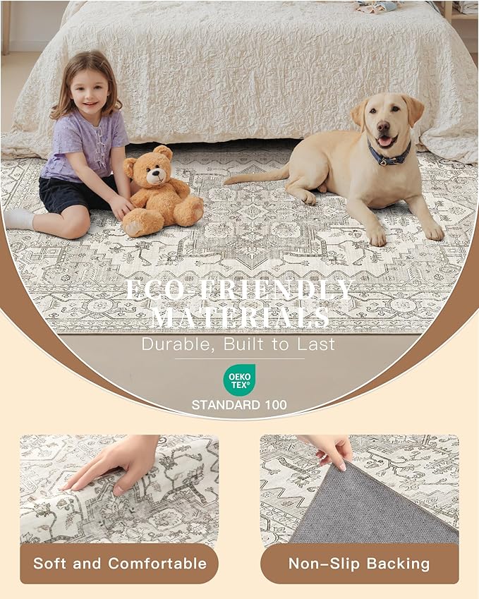Madane Runner Rug 2'6''x8' Kitchen Runners, Printed Vintage Washable Hallway Rugs Soft Non-Slip Low Pile 2.5x8 ft Runners for Hallways Laundry Room Rug, Beige/Brown