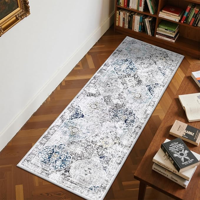 Ileading Washable Hallway Runner Rugs, 2x6 Non Slip Runners Area Rug for Entryway Kitchen Bathroom Bedroom Laundry Living Room, Long Narrow Low-Pile Floor Carpet Boho Vintage Throw Mat for Kids Room