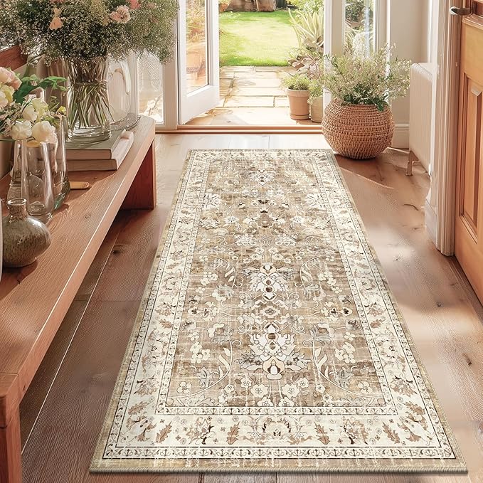 LOKHOM Washable Runner Rug, 3x6 Non-Slip Vintage Hallway Runner Rug with Rubber Backing, Boho Soft Distressed Kitchen Rugs Floor Carpet Runner for Kitchen Laundry Bedroom (Beige Brown)