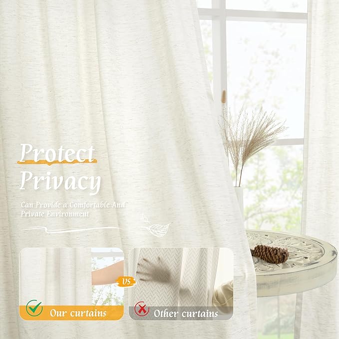 LAMIT Cream Linen Curtains for Living Room, 84 Inches Long 2 Panels Natural Light Filtering Soft Thick Bedroom Semi Sheer Privacy Drapes with Rod Pocket for Farmhouse/Sliding Door, 52 x 84 Inch