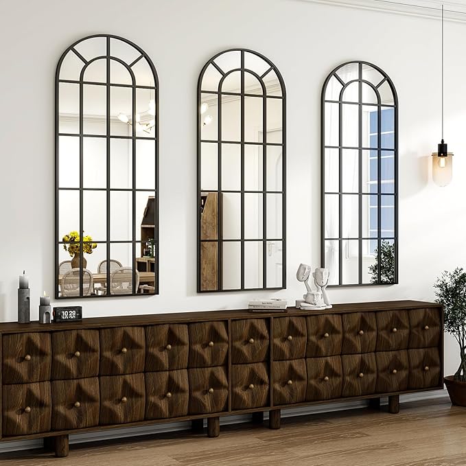 Full Length Mirror, 25"×69" Window pane Arched Mirror Full Body Floor, Grid-Designed Decorative Farmhouse with Metal Frame Hanging or Leaning for Entryway, Living Room, Home Decor, Black