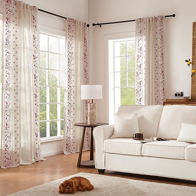 jinchan Winslow Linen Curtains for Bedroom 108 Inches Length Embroidered Bordered Floral Curtains for Living Room Farmhouse Decor Light Filtering Window Treatments Red on Beige Drapes 2 Panels