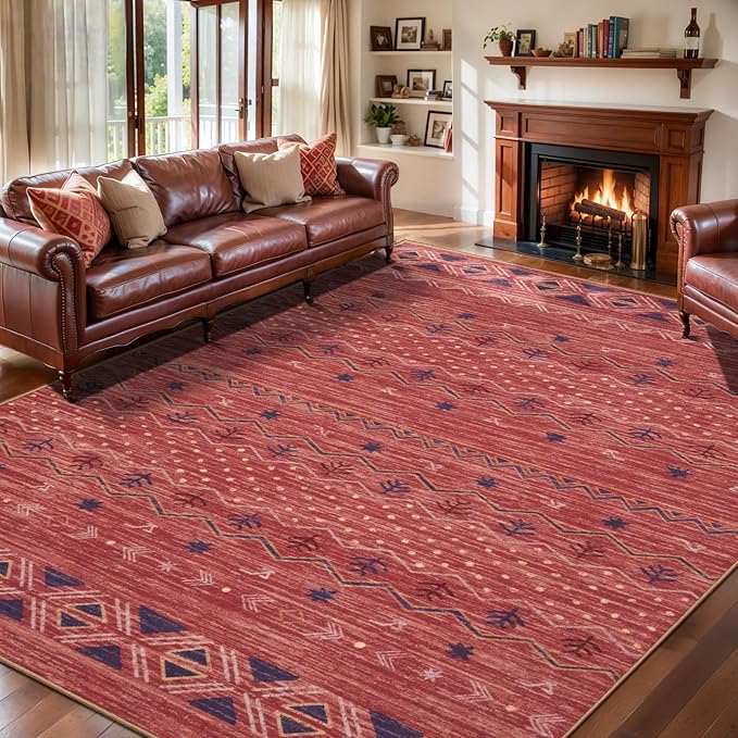 SERISSA 6x9 Area Rugs for Living Room, Washable Non-Slip Red Ochre Boho Rug, Soft Low-Pile Geometric Indoor Large Carpet for Dining Room Bedroom Home Office Playroom