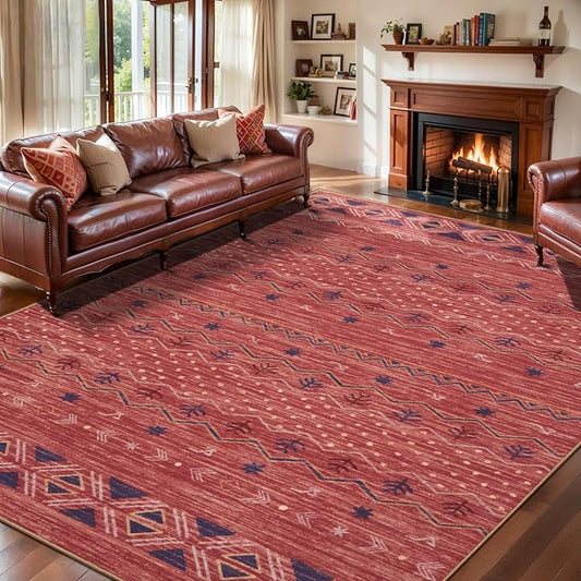 SERISSA 6x9 Area Rugs for Living Room, Washable Non-Slip Red Ochre Boho Rug, Soft Low-Pile Geometric Indoor Large Carpet for Dining Room Bedroom Home Office Playroom