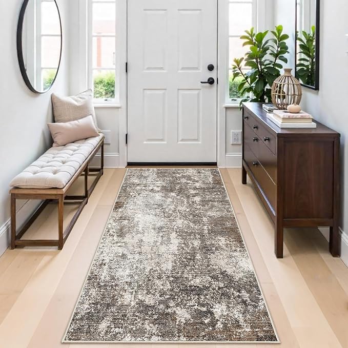 3x6 Non-Slip Washable Entryway Rug - Stain-Resistant Low-Pile Thin Wide Carpet Runner for Kitchen, Hallway, Bathroom | Modern Neutral Abstract(Brown Beige,3x6)