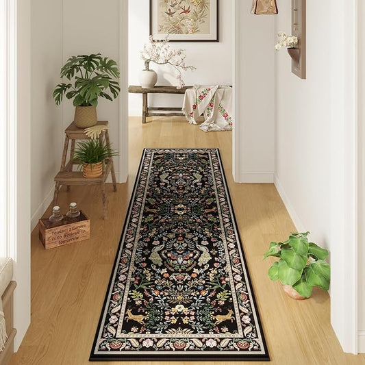 Runner Rug Washable Kitchen Runner 2'x6' Rug Floral Non-Slip for Entryway Indoor Soft Carpet for Hallways, Kitchen, Laundry, Bedroom, Bathroom (Vibrant Black)