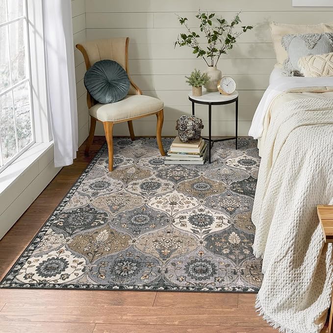Lahome Moroccan Trellis Washable Area Rugs, 3x5 Rug for Bedroom Entryway Indoor Non-Slip, Small Oriental Accent Carpet for Living Room Kitchen Bathroom Office Elise, Grey