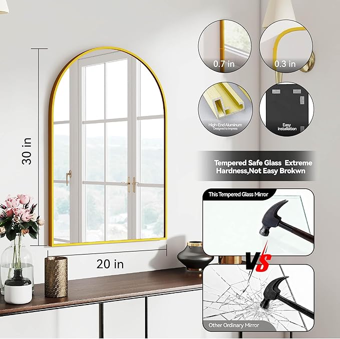 SCWF-GZ 30x20 Arch Mirror Rectangle Wall Mounted Hanging or Against Wall Metal Aluminum Alloy Frame Mirrors for Entryway Bedroom Bathroom Living Room 30 20 inch Gold