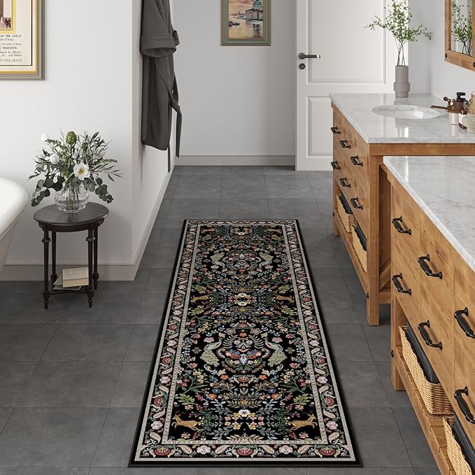 Rugcomf 2x5 Runner Rug - Floral Machine Washable Kitchen Rug, Non-Slip Low Pile Boho Carpet for Hallways, Laundry, Entryway, Bedroom, Bathroom - Vibrant Black