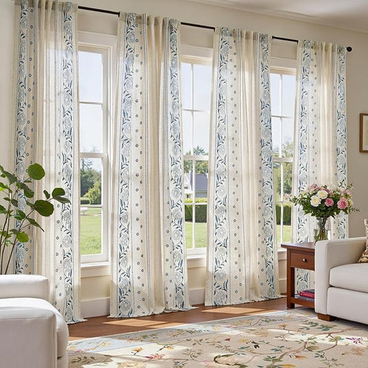 jinchan Winslow 96 Inch Curtains 4 Panel Set Embroidered Bordered Floral Curtains for Living Room Farmhouse Decor Light Filtering Window Treatments Blue on Beige Drapes 4 Panels