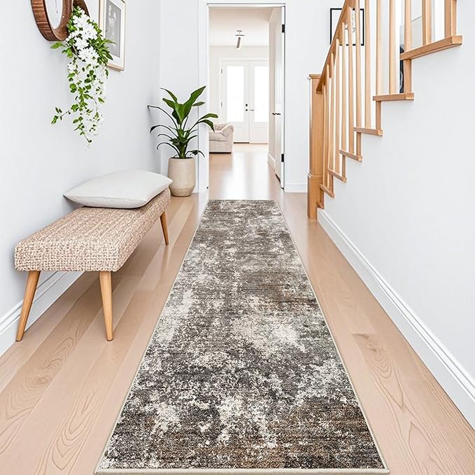2x10 Washable Hallway Runner Rug – Non-Slip Stain-Resistant Low-Pile Long Carpet Runner for Kitchen Entryway Living Room Bedroom Bathroom, Modern Abstract Neutral (Brown Beige,2x10)