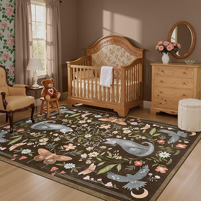 GarveeHome 4x6 Cat Washable Area Rug for Nursery Room, Mushroom Floral Brown Bedroom Rug Non Slip Low Pile Butterfly Carpet Stain Resistant Throw Rug for Dorm Kids Room Office Dining Room